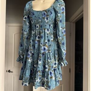 Juniors size small Allison & Kelly Floral Blue Dress stretchy soft ruffles Y2K